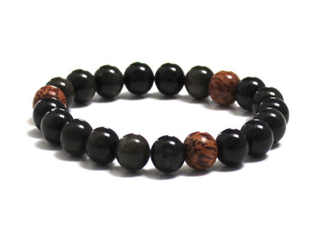 Black Obsidians Men Mala Bracelet with 3 Coconut Palm Wood Beads
