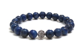 Denim Blue Lapis Lazuli Chakra Gemstones Mala Bracelet with Wirework Sterling Silver Bead