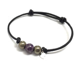 Ultra Violet Amethyst Gemstone Adjustable Black Leather Bracelet with Pyrites. Protection. Strength. Balance. Chakra Healing Crystal Jewelry. February Birthstone Jewelry.  