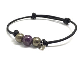 Ultra Violet Amethyst Gemstone Adjustable Black Leather Bracelet with Sterling Silver Heart Charm.  Protection. Strength. Balance. Chakra Healing Crystal Jewelry. February Birthstone Jewelry.  