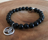 Celtic Symbol jewelry, Triskele charm bracelet with chakra  onyx gemstones  and sterling silver  bead, protection happiness talisman jewelry for men and women