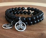 Triskele Pendant  and Onyx mala bracelet, chakra healing crystals jewelry, Celtic symbol jewelry