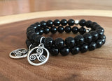 The Triskele represents themes in Three Elements: The Circle of Life (earthly, afterlife and reincarnation); Domains of material existence (earth, water and sky); The individual (body, mind and spirit).   This inspiring Celtic Triskele pendant and onyx mala bracelet looks great on anyone