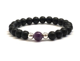 Athenais Jewelry, Athenais Emporium, Ultra Violet Amethyst Chakra Healing Crystals, Chakra Bracelet with sterling Silver Beads, Matte Onyx stones beaded bracelet, mala bracelet, worry beads bracelet, healing bracelet, crown chakra, base chakra crystals, Mother's Day gift