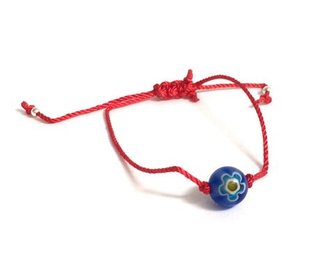 Blue Flower Murano Glass Red String Silk Bracelet with Sterling Silver –  Athénaïs