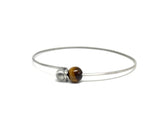 Minimalist style Silver plated  Bangle with tiger eye stones and initial charm, light stacking bracelet, chakra healing stone bracelet 