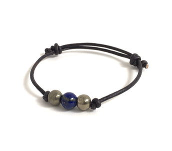 Dark blue lapis lazuli gemstones and pyrite stones adjustable leather bracelet, anklet with add on sterling silver heart charm for friendship, intuition, balance, energy bracelet 