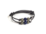 Set of two couples bracelets, Dark blue lapis lazuli gemstones and pyrite stones adjustable leather bracelet, anklet with add on sterling silver heart charm for friendship, intuition, balance, energy bracelet 