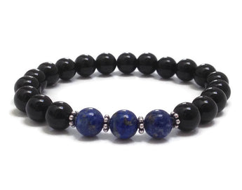 Lapis Lazuli & Onyx Chakra Mala Bracelet, Healing Crystals Jewelry, Communication,. Protection Communication 