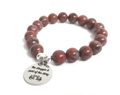 Red jasper gemstones chakra mala bracelet with motivational inspiring quote The struggle is part of the story stainless steel charm, sterling silver beads