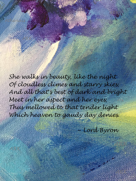 She walks in beauty like the night art print and digital photo download, Wedding gift Bridal Shower, Valentines Day Gift for her, flower art print with poem by Lord Byron