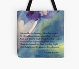 elegant tote bag with the poem "She walks in beauty like the night" printed on an original painting, wearable art, poetry, Valentines Day