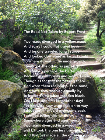 Poem on photo, The Road not Taken by Robert Frost on an original photo of Botanical Garden in San Fransisco, Motivational Inspirational Poetry for Graduation, Retirement, New Beginnings