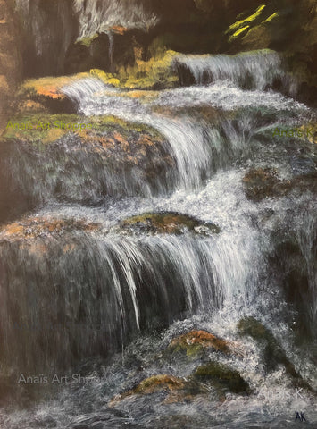 Waterfalls painting, water flowing over rocks, original landscape painting 