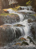 waterfalls landscape painting by Canadian landscape artist, movement of water flowing over rocks