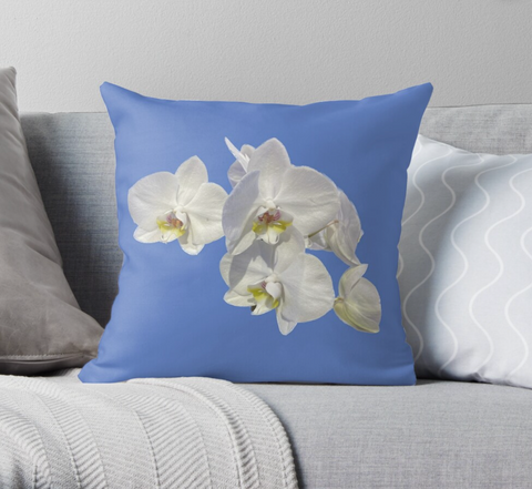 White Orchids Cornflower Blue throw pillow cushion, original phot design, OFAK unique home decor gifts, tropic plant flowers love and appreciation, Athenais Jewelry and Art 