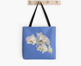 White Orchids Flowers on Tote Bag in Cornflower Blue , Fashion Style, Spring fashion accessory Athenais Art 