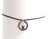 Choker necklace with Happiness Infinity Circle Pendant Amethyst sterling silver charm dangle adjustable leather rope necklace, long necklace. chakra healing crystal necklace, calming focus chakra stone jewelry gift