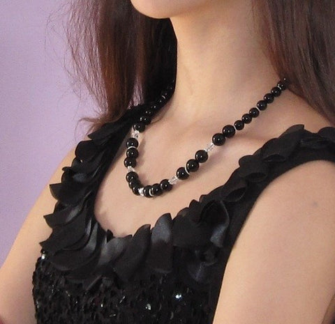 Statement Necklace with Onyx Chakra Stones, Swarovski Crystals and Sterling Silver