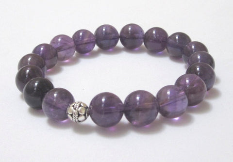 Purple Amethyst Gemstones, Mala Beaded Bracelet with Bali Sterling Silver Bead