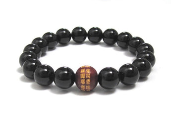 Om Mani Padme Hum Mala Bracelet, Chinese Words Buddhist Mantra Guru Wood Bead Onyx Stones Worry Beads Bracelet