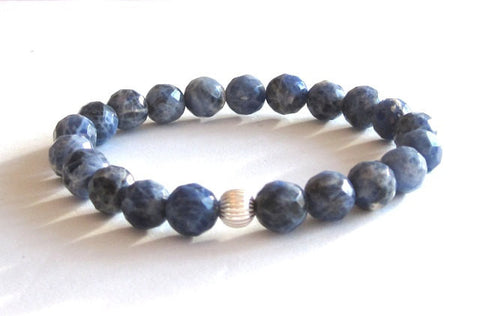Blue Sodalites Chakra Mala Bracelet with Sterling Silver Bead,  Calming Healing Worry Beads, Meditation Beads for Women and Men