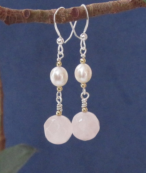 Pearls and rose quartz sterling silver and gold drop earrings dangles 