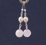 Love and Romance gift Pearls and rose quartz sterling silver and gold drop earrings dangles 
