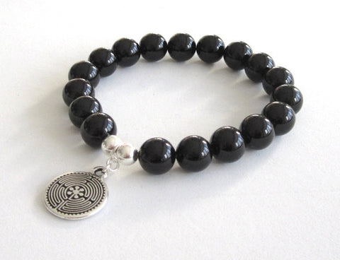 labyrinth charm onyx gemstone mala bracelet for men, women, meditation spiritual growth 