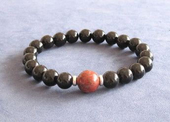 black onyx stone chakra bracelet with red jasper and sterling silver beads,  worry beads, mala beads