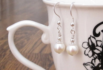 Cultured white pearl earrings dangles with removable sterling silver twist rings for Brides, wedding, bridesmaids