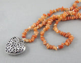 Romantic filigree puffy heart pendant burnt orange avneturine gemstones mile long necklace fertility chakra healing crystals jewelry 