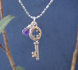 Silver Key to my heart pendant necklace with deep purple amethyst stone sterling silver charm 