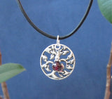 Meaningful Tree of life pendant wth garnet sterling silver charm on black rope necklace chakra jewelry Athenais Jewelry