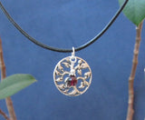 Tree of life pendant wth garnet sterling silver charm on black rope necklace chakra jewelry Athenais Jewelry