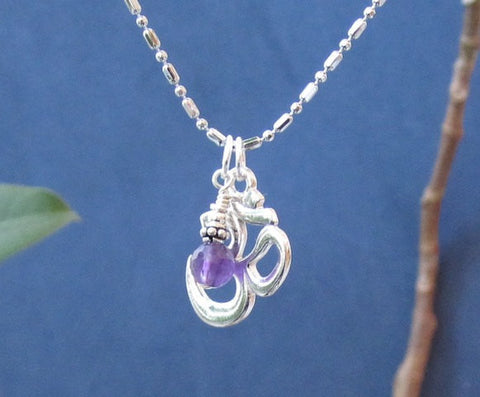 Amethyst Gemstone Sterling Silver Charm, Om Pendant Necklace, Meditation, Inspiration