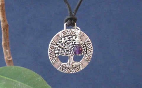 Amethyst Charm & Tree of Life Pendant Leather Necklace