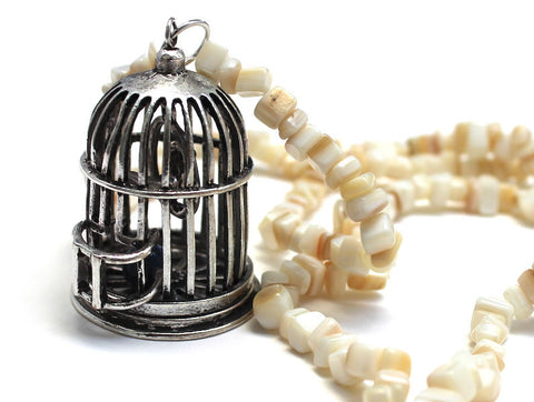 Mother of Pearl Long Necklace with Swinging Bird Cage & Your Choice of Gemstone