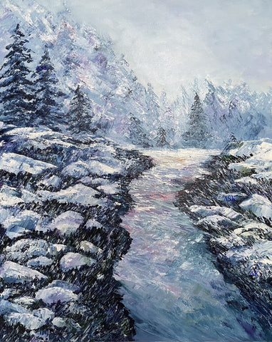 The Path, Serene Canadian Winter Landscape Painting, Original Painting, Canadian Landscape Winter Scene, Rocks and Snow covered evergreen trees