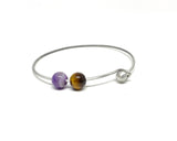 Tiger Eye, Amethyst Stone Silver Bangle with your choice of gemstones and initial charm, Talisman Protection jewelry light stacking bracelet, chakra healing stone bracelet 