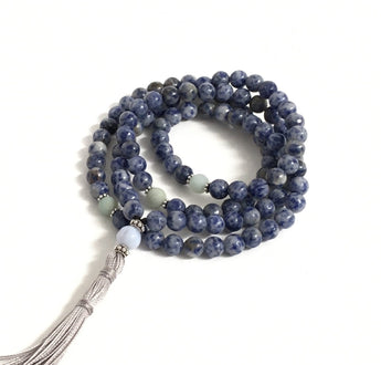 Mala Necklace, Wrapped Neckacle 108 Japa Mala Beads with Blue Jaspers, Amazonites, Blue Lace Agate Tassel Necklace, Tranquility Calming Meditation Beads, Prayer Worry Beads
