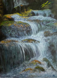 streams small waterfalls painting, original landscape nature painting of rocks and water rushing down, environmentalist 