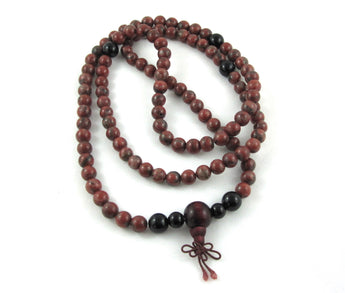 Long mala beads necklace with red jasper and obsidians chakra healing gemstones, Buddhist wood bead, meditation prayer beads, protection, calming balance