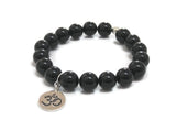 Onyx Protection Healing Crystal Mala Bracelet, OM Symbol Sterling Silver Charm, Mantra Meditation Prayer Beads Worry Beads - Namasté
