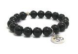 Onyx Protection Healing Crystal Mala Bracelet, OM Mantra Sterling Silver Charm, Worry Beads - Namasté